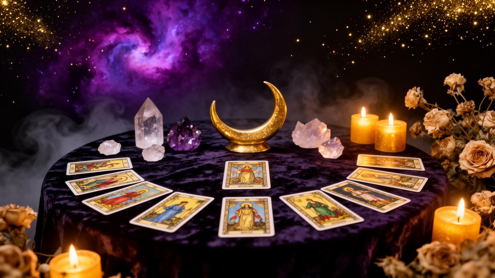 Cartas de tarot, luna y luz cálida para lecturas sentimentales